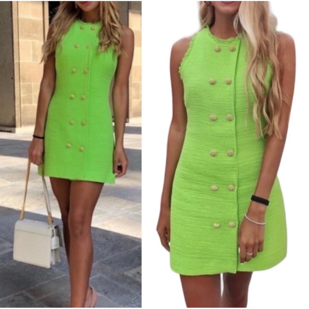 Zara Neon Green Tweed Mini Dress Double Breasted Frayed Trim XS